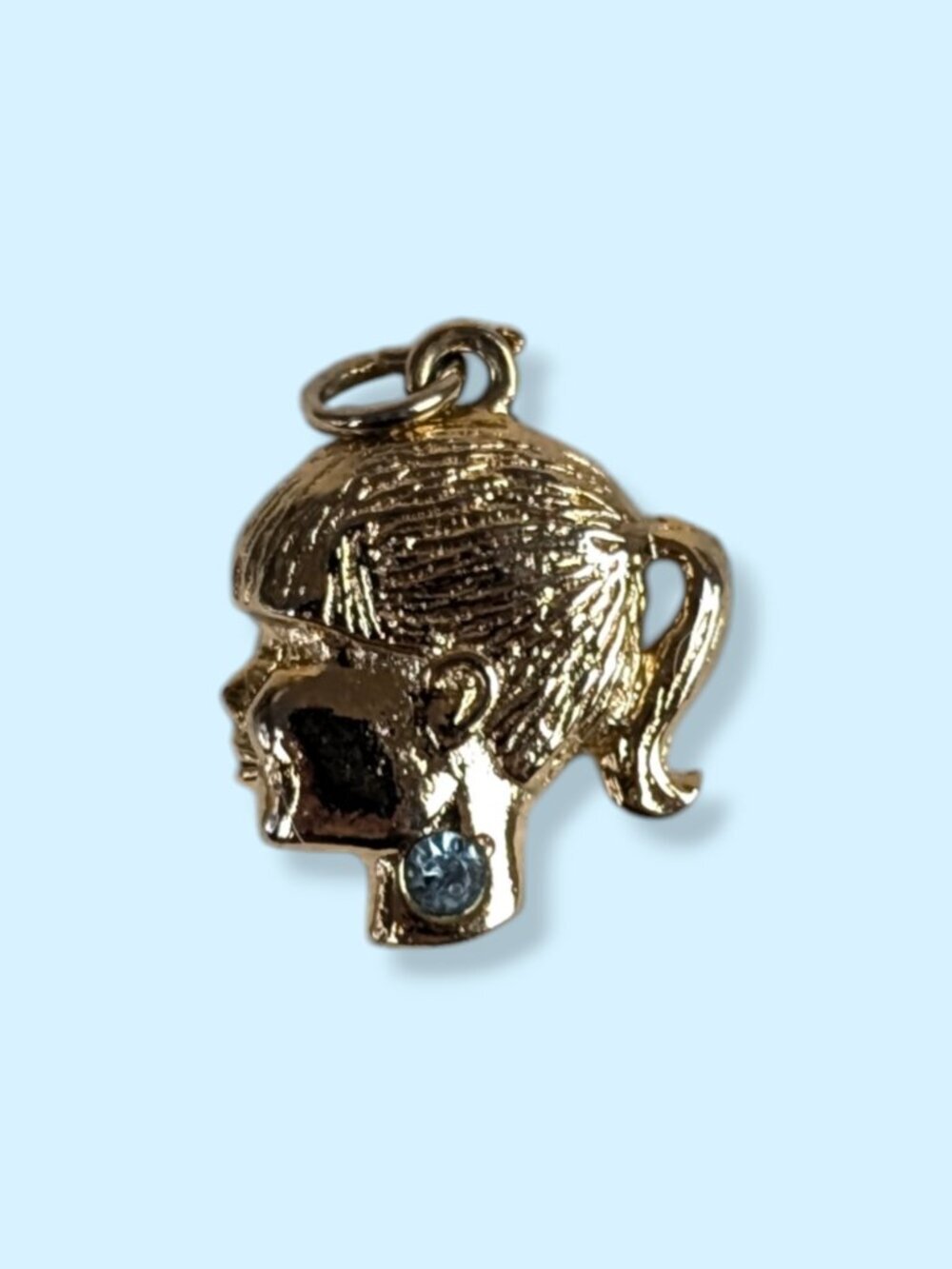 Vintage Girls Head Charm - March Birthstone (Light Blue)